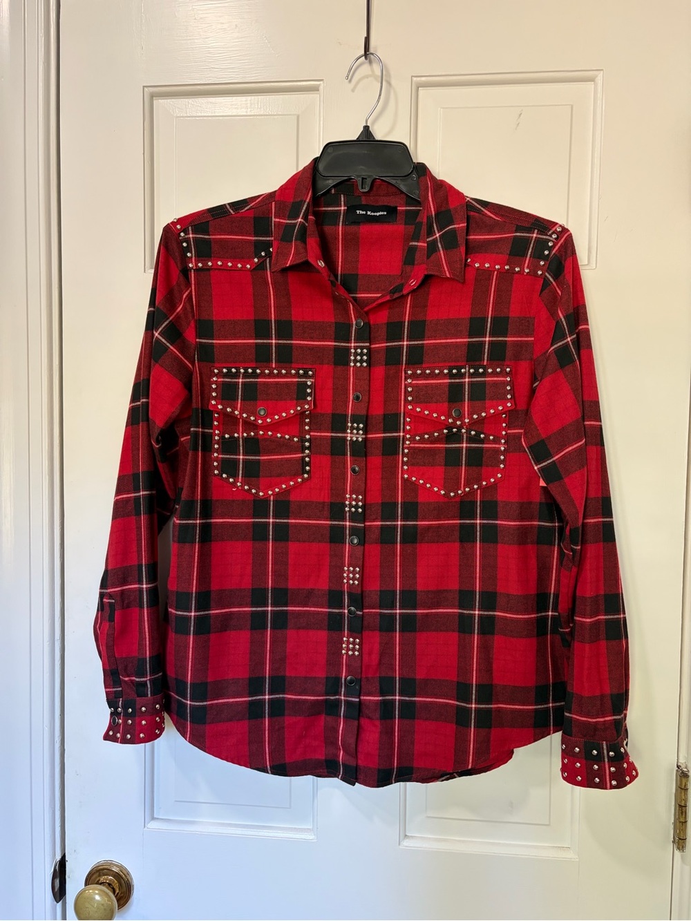 The Kooples Red + Black Plaid Snap Shirt w Studs Size Ladies L SUPER CUTE! NWOTs
